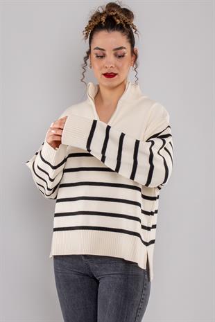 10436 Yarım Balıkçı Fermuarlı Çizgili Viscon Kazak