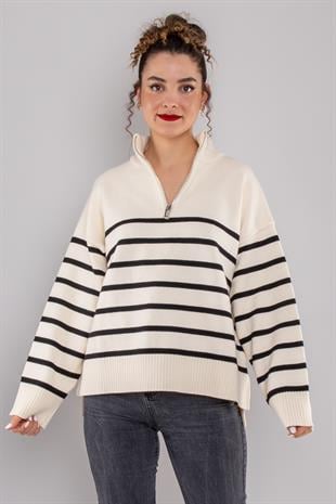 10436 Yarım Balıkçı Fermuarlı Çizgili Viscon Kazak