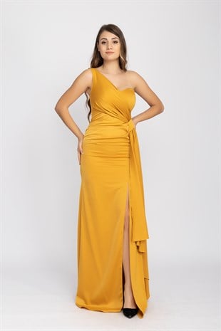 1044 Tek Omuz Şal Detay Uzun Saten Elbise