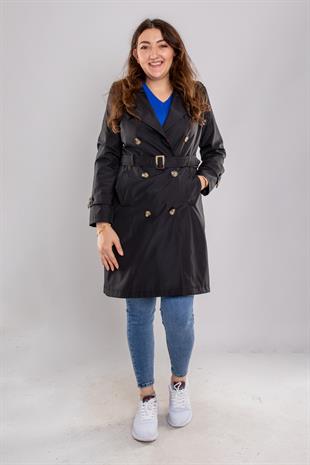 1046 Kuşaklı Düğmeli Midiboy Apolet Detaylı Trençkot