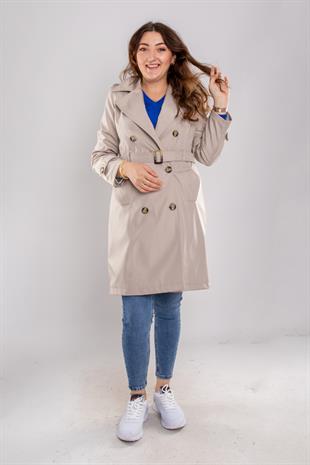 1046 Kuşaklı Düğmeli Midiboy Apolet Detaylı Trençkot