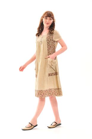 1047 Kısa Kol Cepli Yaka Büzgülü Pamuk Otantik Elbise