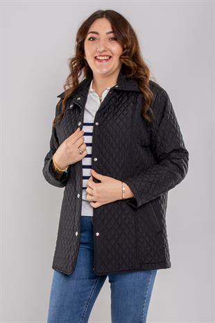 1058 Büyük Beden Mini Baklava Desen Çıtçıtlı Astarlı Kadın Mont