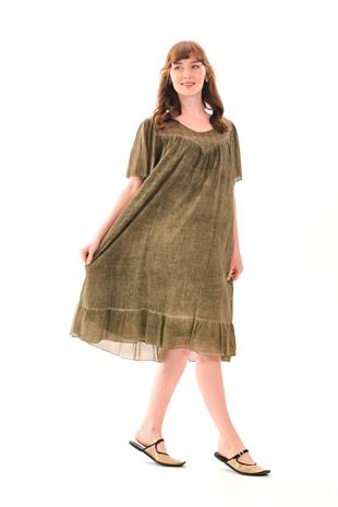 1059 Büyük Beden Yaka Nakışlı Yıkamalı Kısa Kol Otantik Elbise