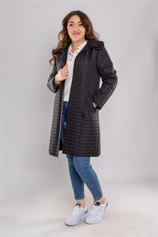 1061 Büyük Beden Kapitone Kapüşonlu İçi Kürklü Mont