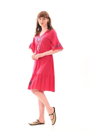 1068 Kol Eteği Valonlu Vyaka Nakışlı Otantik Elbise