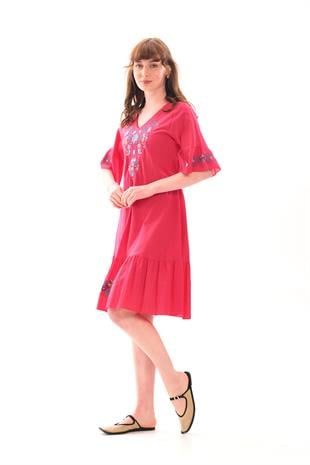 1068 Kol Eteği Valonlu Vyaka Nakışlı Otantik Elbise