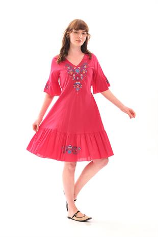 1068 Kol Eteği Valonlu Vyaka Nakışlı Otantik Elbise