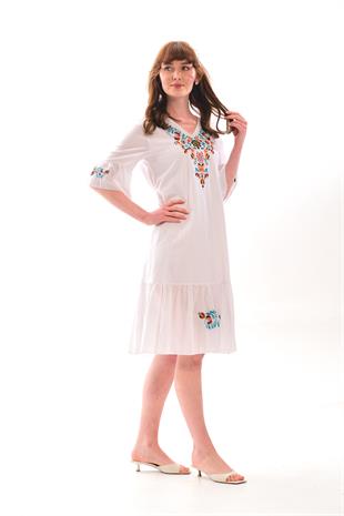 1068 Kol Eteği Valonlu Vyaka Nakışlı Otantik Elbise