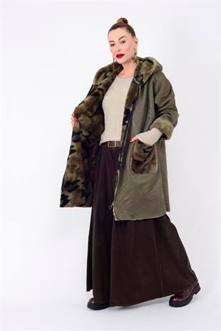 10726-3 Kamuflaj Desen Fermuarlı Uzun Süet Kaban