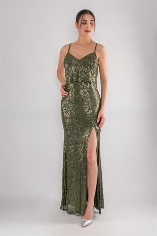 1078 Arkası Çapraz İpli Yırtmaçlı Pulpayet Uzun Elbise