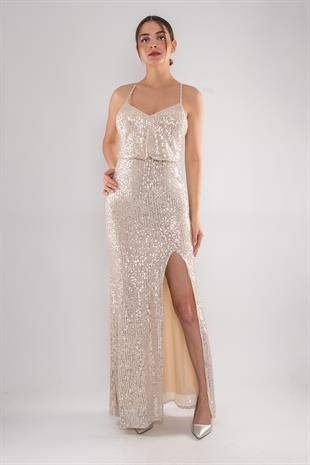 1078 Arkası Çapraz İpli Yırtmaçlı Pulpayet Uzun Elbise