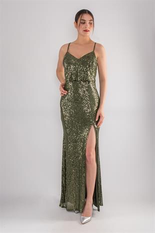 1078 Arkası Çapraz İpli Yırtmaçlı Pulpayet Uzun Elbise