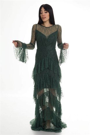 1085 KB Uzun Kol Eteği Katkat Dantel Abiye Elbise