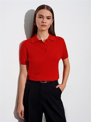 10871 Liyosel Karışımlı Polo Yaka Kısa Kol Bluz