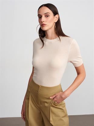 10872 Liyosel Karışımlı Bisiklet Yaka Kısa Kol Bluz