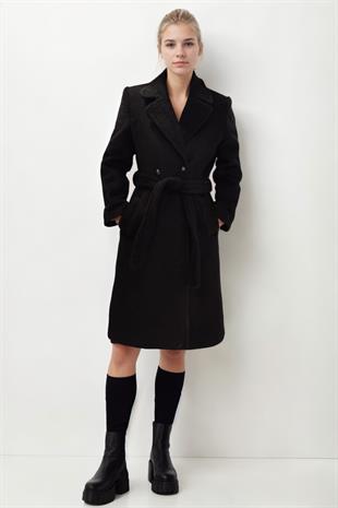 1105 Ceket Yaka Kuşaklı Düğmeli Uzun Keçe Kaban