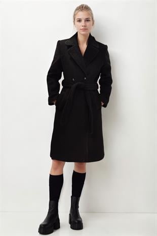 1105 Ceket Yaka Kuşaklı Düğmeli Uzun Keçe Kaban