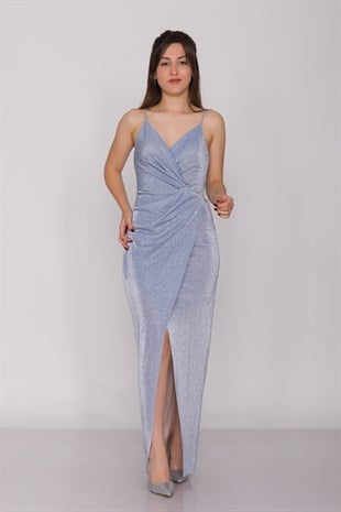 1114 KB Önü Büzgülü Askılı Simli Abiye Elbise