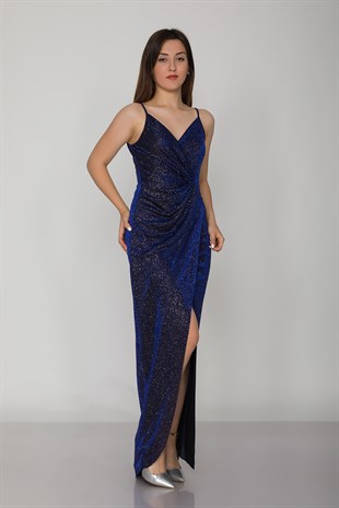 1114 KB Önü Büzgülü Askılı Simli Abiye Elbise