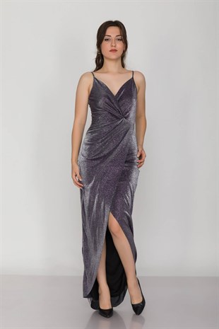 1114 KB Önü Büzgülü Askılı Simli Abiye Elbise