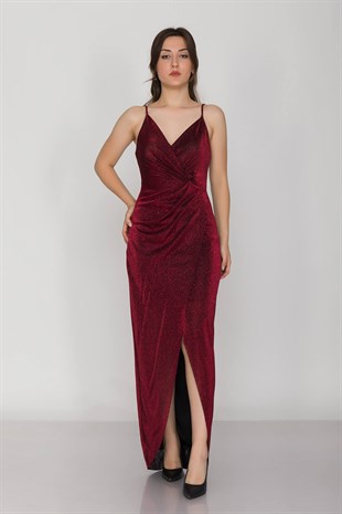 1114 KB Önü Büzgülü Askılı Simli Abiye Elbise