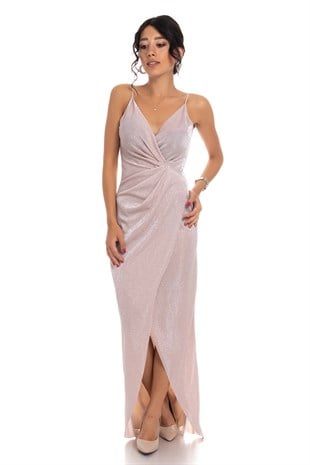 1114 KB Önü Büzgülü Askılı Simli Abiye Elbise