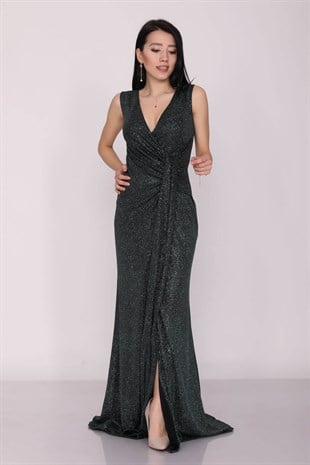 1115 Önü Geçmeli Simli Uzun Abiye Elbise