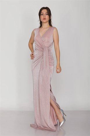 1115 Önü Geçmeli Simli Uzun Abiye Elbise