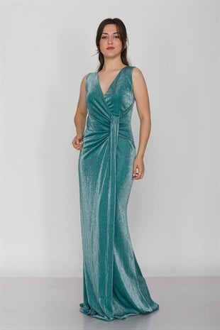 1115 Önü Geçmeli Simli Uzun Abiye Elbise