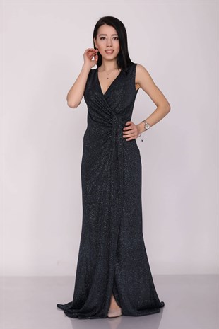 1115 Önü Geçmeli Simli Uzun Abiye Elbise