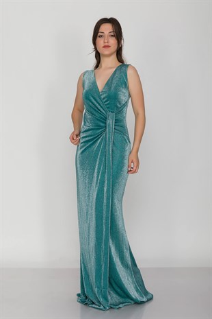 1115 Önü Geçmeli Simli Uzun Abiye Elbise