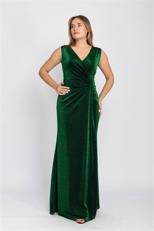 1115 Önü Geçmeli Simli Uzun Abiye Elbise