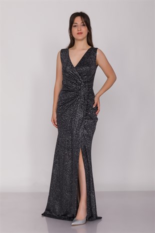 1115 Önü Geçmeli Simli Uzun Abiye Elbise