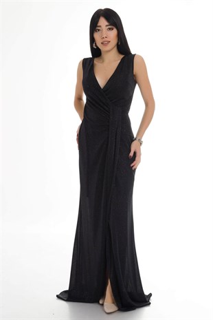 1115 Önü Geçmeli Simli Uzun Abiye Elbise