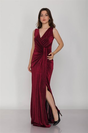 1115 Önü Geçmeli Simli Uzun Abiye Elbise