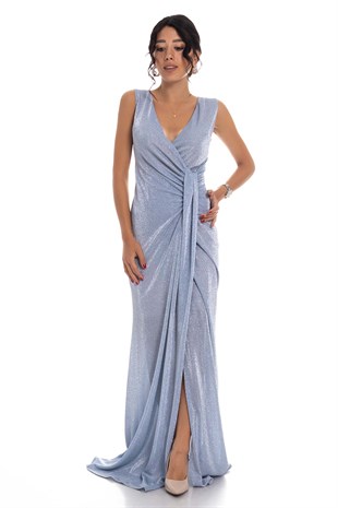 1115 Önü Geçmeli Simli Uzun Abiye Elbise