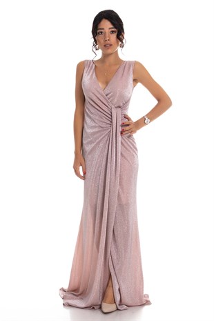 1115 Önü Geçmeli Simli Uzun Abiye Elbise