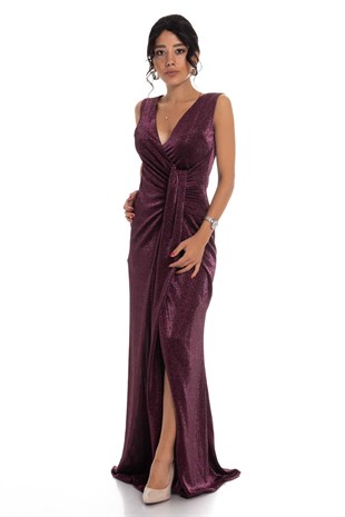 1115 Önü Geçmeli Simli Uzun Abiye Elbise