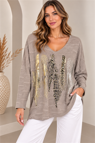 11716 Dalgalı Leopar Desen Yaldızlı Bluz