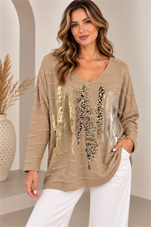 11716 Dalgalı Leopar Desen Yaldızlı Bluz