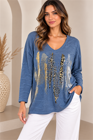 11716 Dalgalı Leopar Desen Yaldızlı Bluz