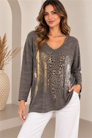 11716 Dalgalı Leopar Desen Yaldızlı Bluz