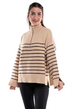 1177 Yarım Balıkçı Fermuarlı Kadın Kazak