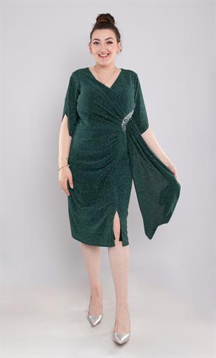 133(118-102) Büyük Beden Simli Yanı Sudamla Tokalı Kısa Elbise