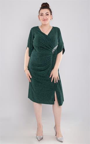 133(118-102) Büyük Beden Simli Yanı Sudamla Tokalı Kısa Elbise