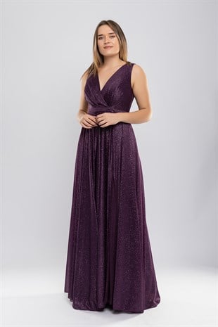 1182 Büyük Beden Kendinden Simli Önü Yırtmaçlı Tül Elbise