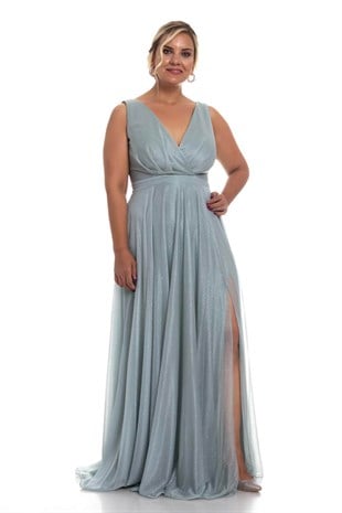 1182 Büyük Beden Kendinden Simli Önü Yırtmaçlı Tül Elbise