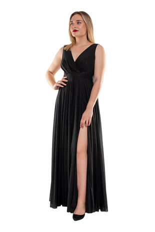 1182 Büyük Beden Kendinden Simli Önü Yırtmaçlı Tül Elbise