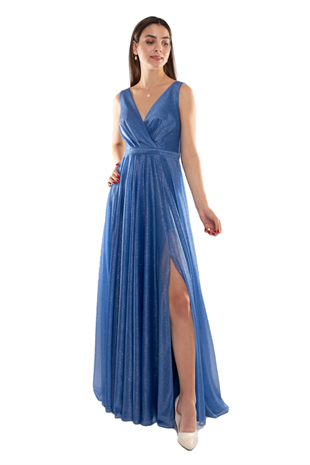 1182 KB Kendinden Simli Önü Yırtmaçlı Tül Elbise